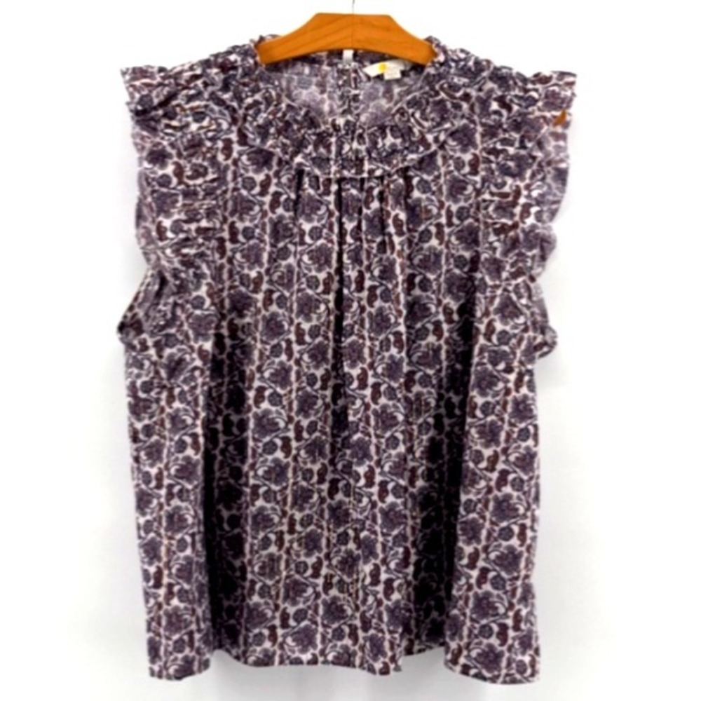 Boden 97% Cotton Floral Ruffle Blouse Women's US 16 18 Purple Gold Metallic Top